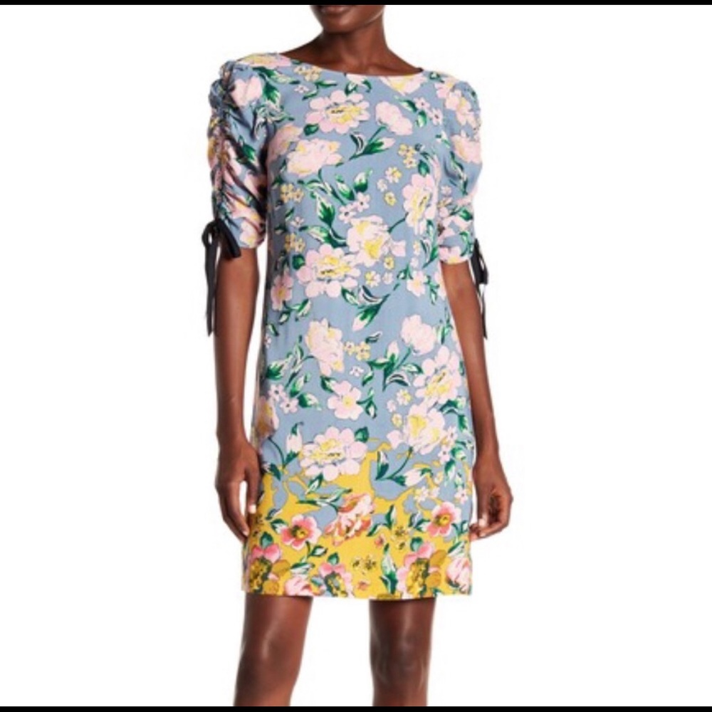 Donna Morgan Blue Floral Midi Dress Ruched Sleeves